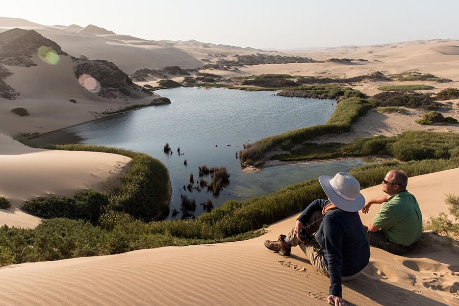 View of Oasis in Namibian desert while clients enjoy their luxury safari excursion
