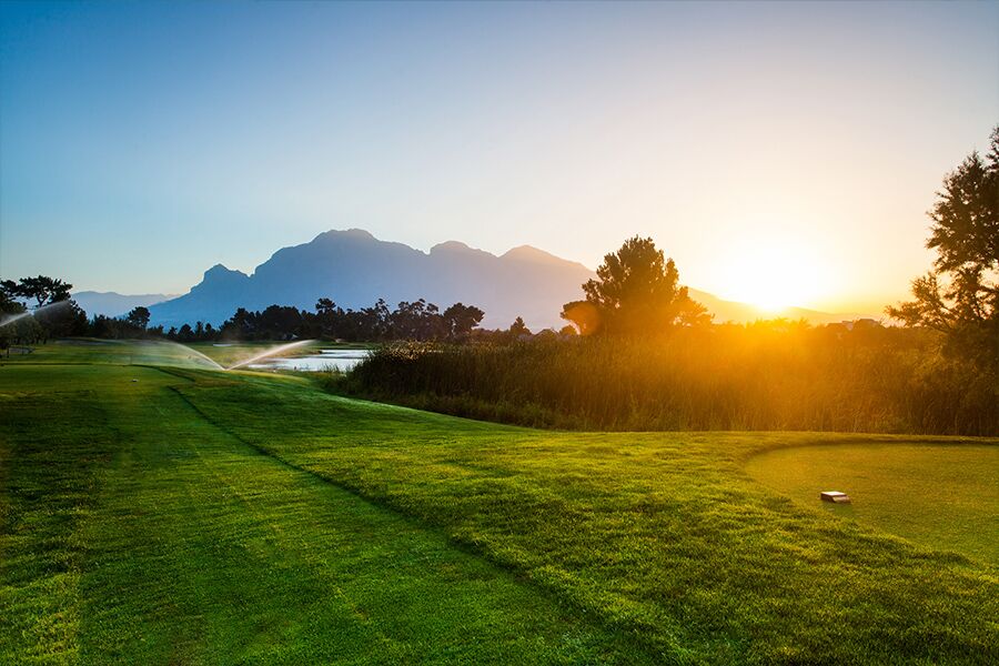 View of mountains and golf course from luxury accommodation in Cape Winelands.