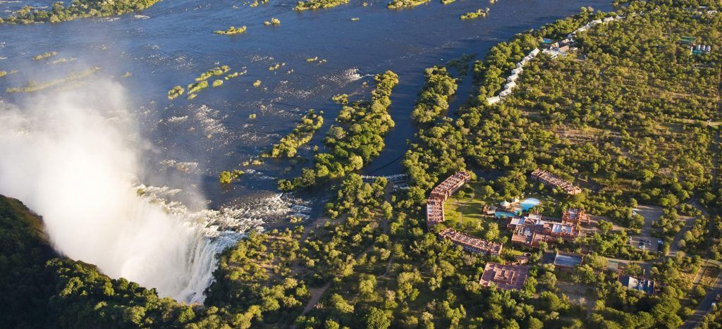 Stunning aerial view of luxury accommodation at Livingstone and Victoria falls.