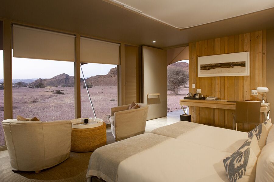 Luxury accommodation in Palmwag with stunning view of the desert from the room.